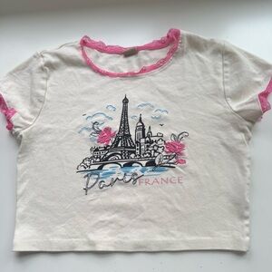 Paris France Embroidered Cream Crop Top with Pink Lace Trim  Size M  100% cotton